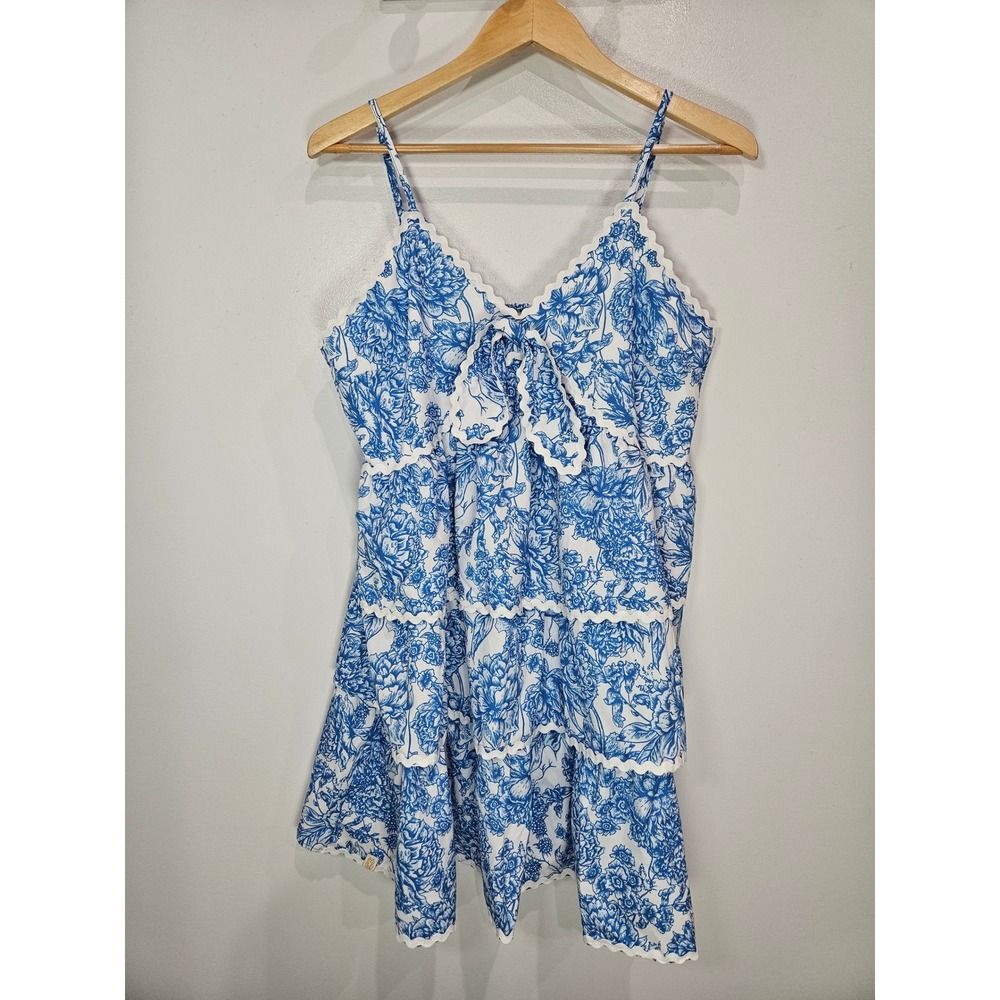 Simply Southern Blue Floral Toile Tiered Mini Dress Ric Rac Trim NWT Large